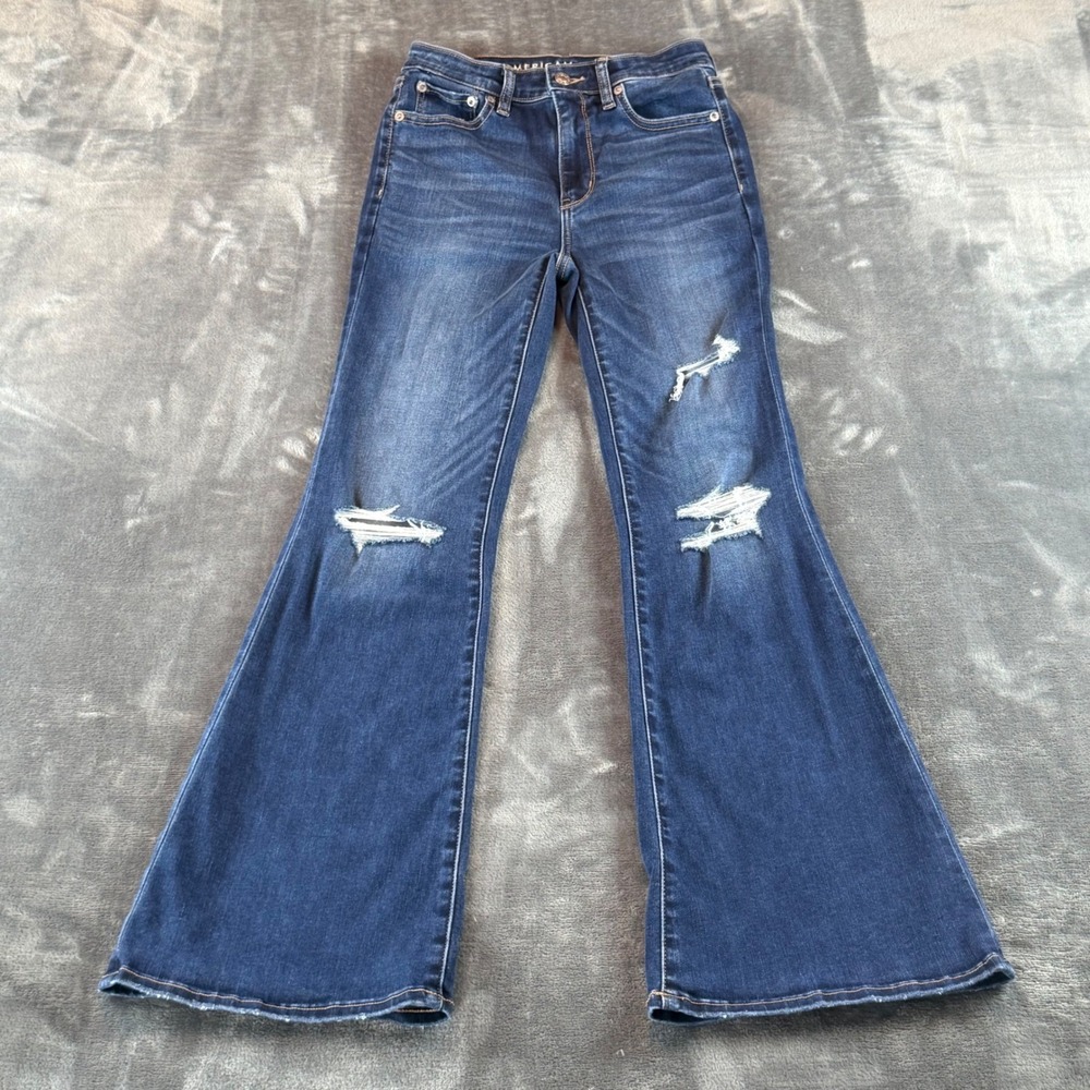 American Eagle‎ Super Hi-Rise Flare Jeans Dark Wash Distressed Size 2 Regular